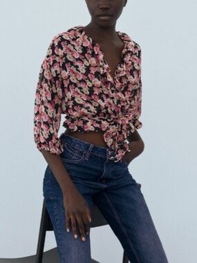 ZARA Pink Ruffle Sheer Floral Wrap Blouse Top Small Feminine Flirty